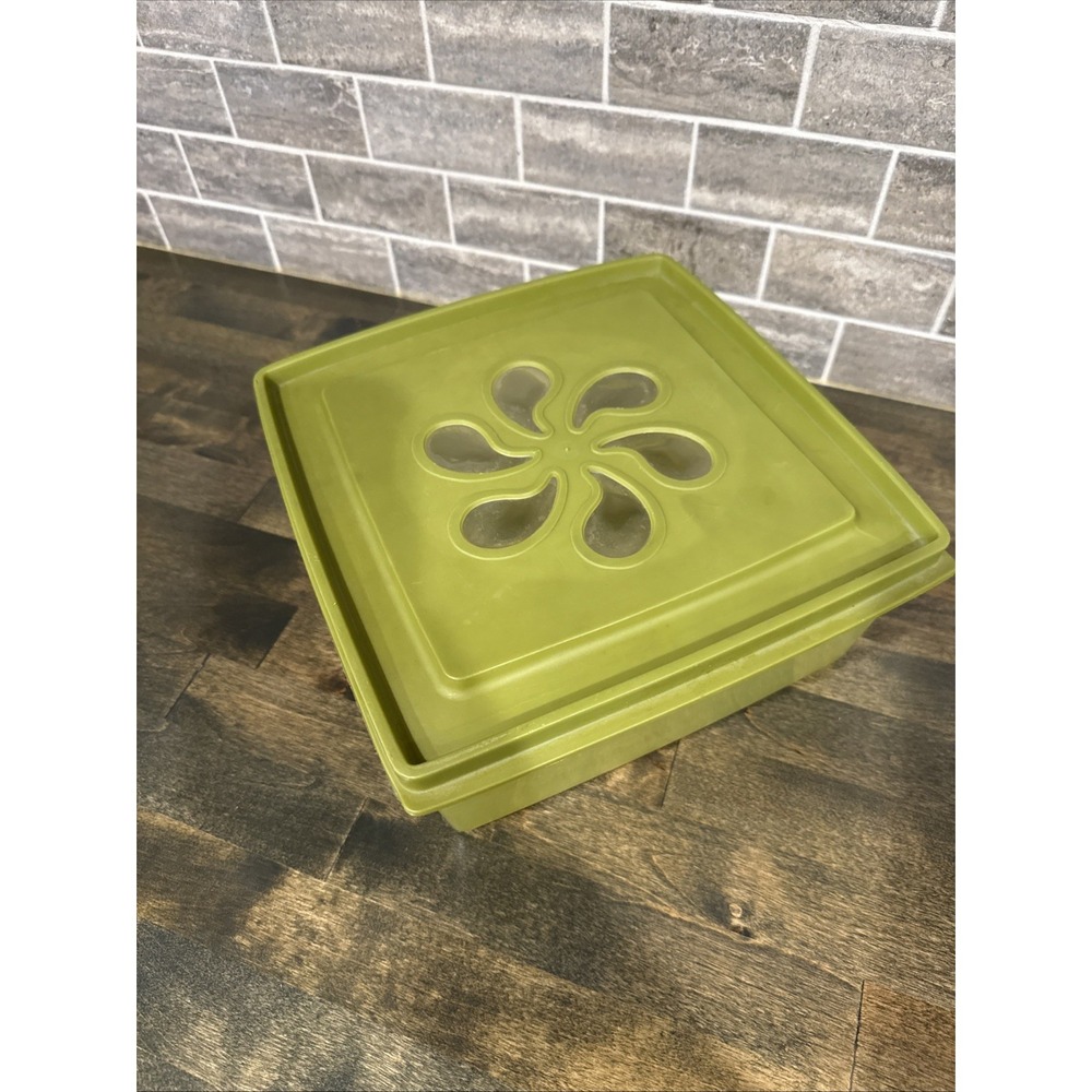 Rare Vintage Avocado Green Daisy 4 Qt Rubbermaid Storage Container